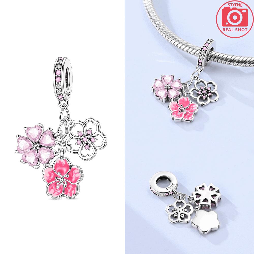 Original Charms Copper Pink Cherry Blossom And Blue Orchid Pendant Beads Fit Bracelet Women Jewelry Delicate Acessory Diy Gift