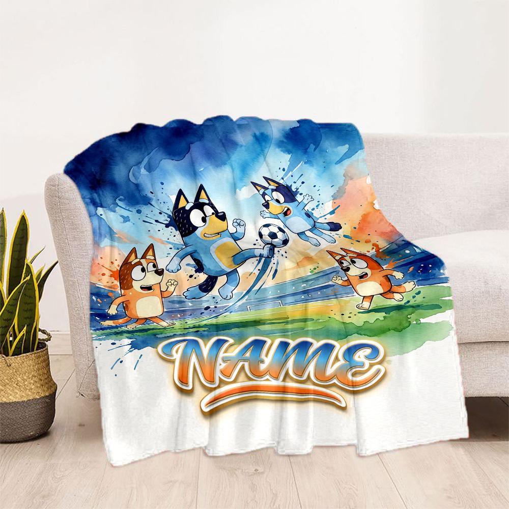 Soccer Fun Bluey Personalized Name Blanket Throw Customizable Blanket Comfortable Versatile for Living Room Seaside Sofa Picnics Ideal for All Seasons