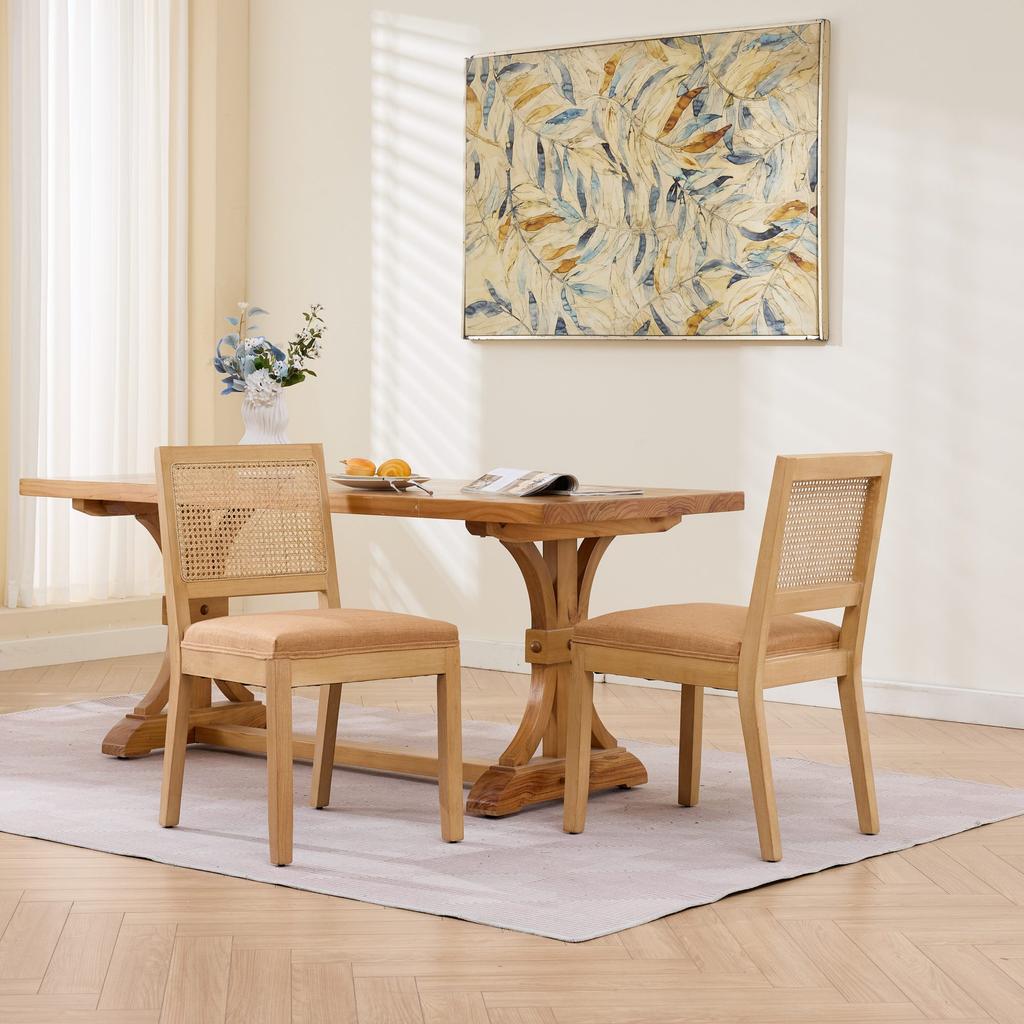 Rattan Dining Chairs Set of 2,Farmhouse Chairs with Cane Back,Mid Century Chairs with Hardwood Frame,Sponge & S-Spring Cushion, Tan,DE2883TN