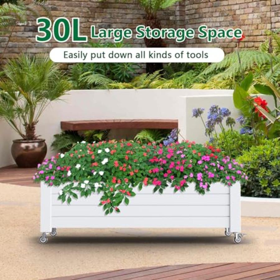 Raised Garden Bed with Wheels Outdoor Resin Weatherproof Planter Box with Drain Hole and Water Level Detector for Planting Plan