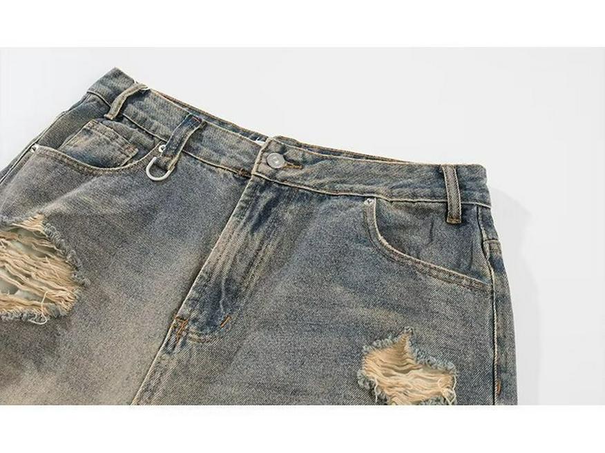 Used Ripped Slim Straight Jeans: Unisex Retro Nischendesign