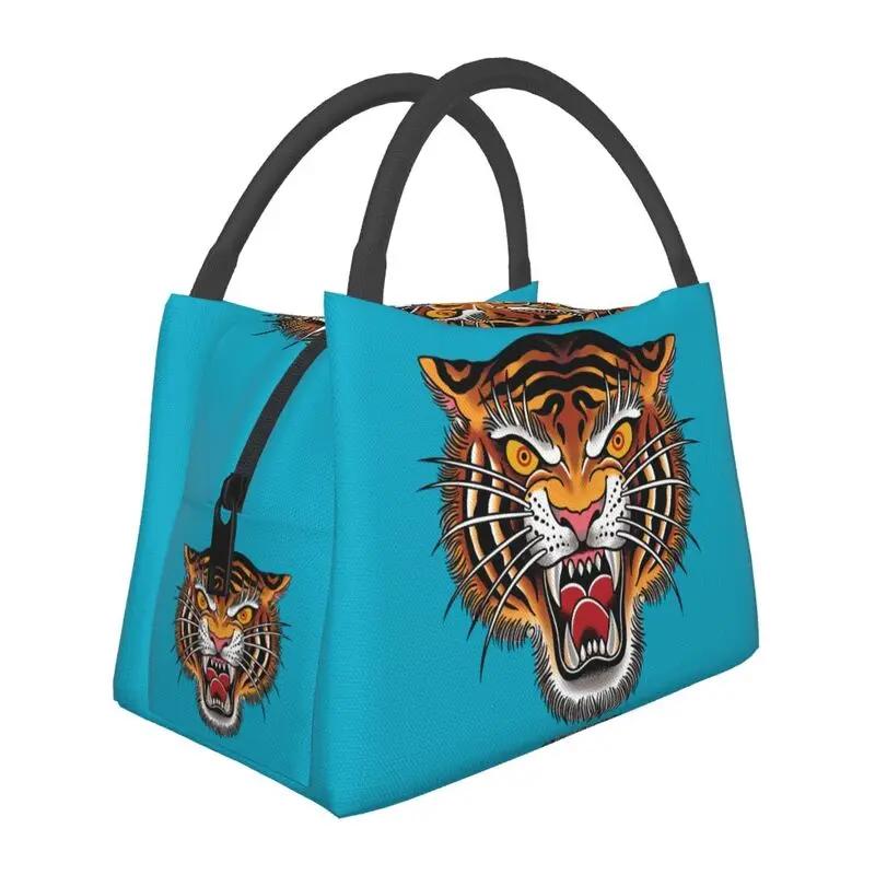 Custom Gothic Traditional Tattoo Tiger Head Lunch Bag Women Cooler Thermal Insulated Lunch Box for Work Pinic or Travel