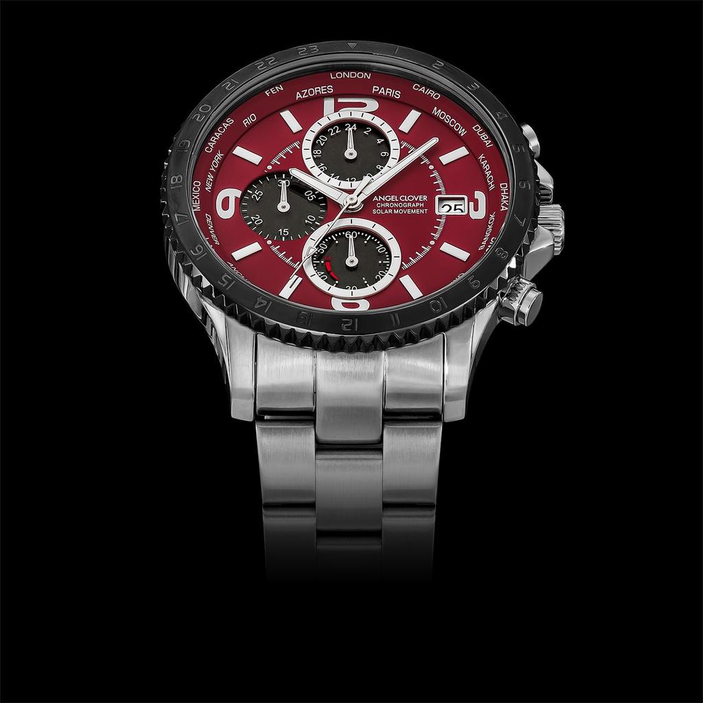 Angel Clover Watch MONDO SOLAR Solar Battery 100m Water Resistant Mineral Glass Red Dial Stainless Steel Silver [AngelClover] NMOS44SBK-BK Men's