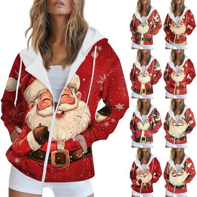 Women's Christmas Printed Sweatshirt  Winter Long Sleeve Cardigan Jacket With Pockets Zipper Hoodie Outerwear