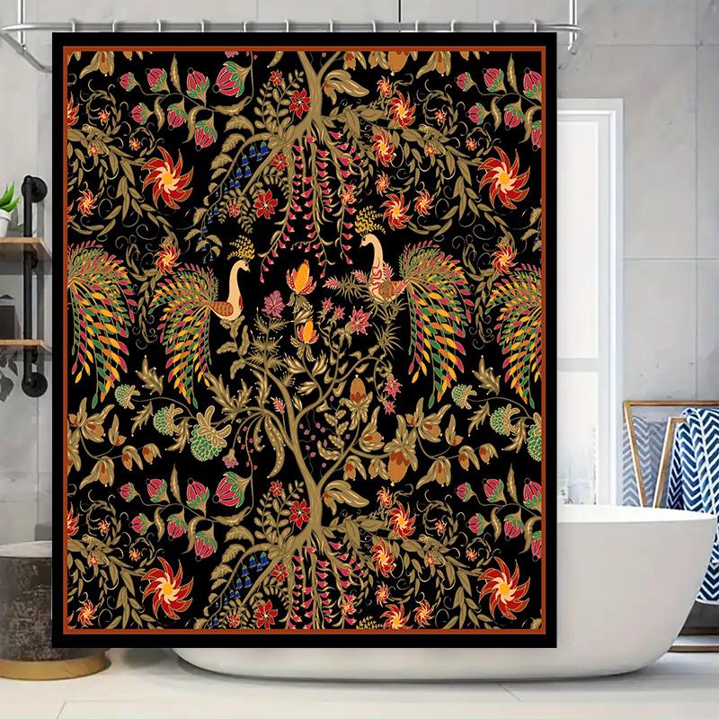 

Luxurious Floral Shower Curtain Peacock Print Bathroom Decor Waterproof Fabric Black Background With Red Flowers And Green Leave W60H190(CM)-1 Pcs