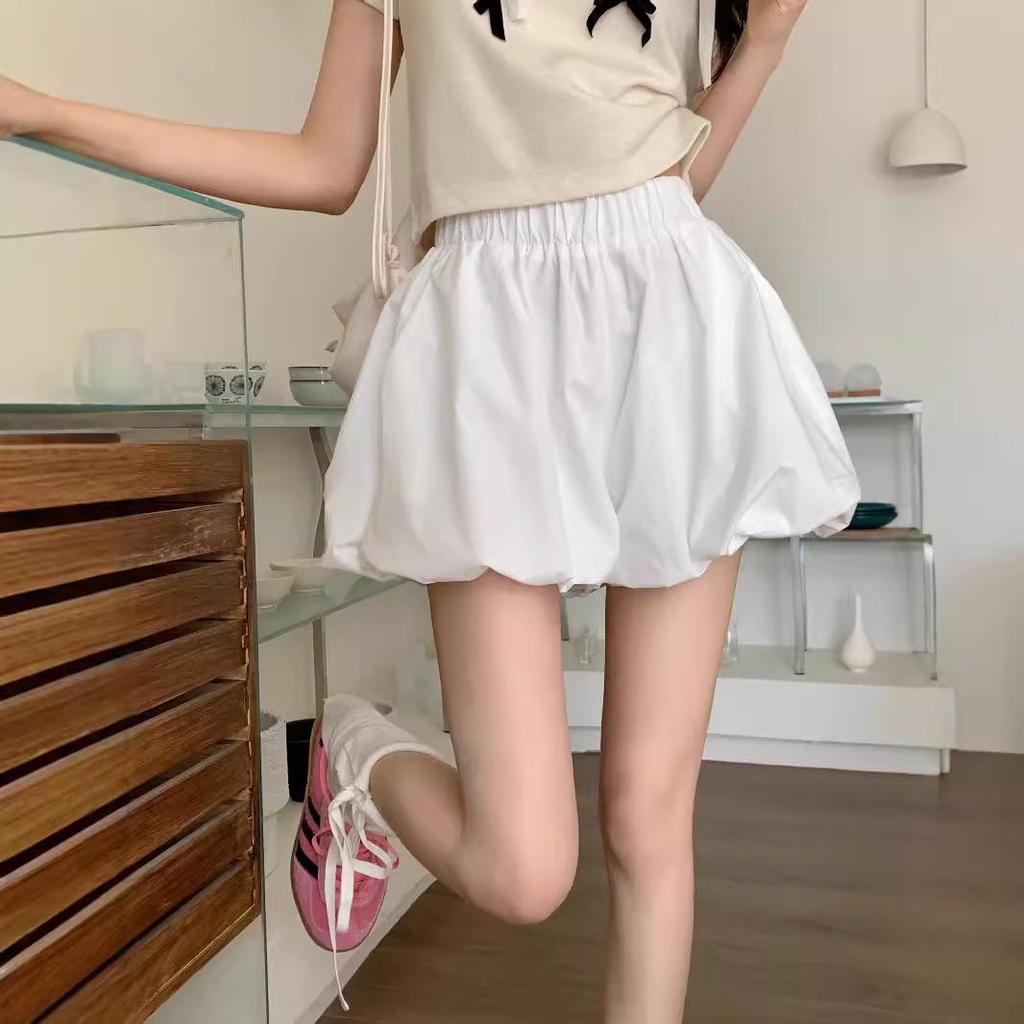 Women's Black High-Waist Wide Leg Korean Style Puff Shorts, Autumn 2024