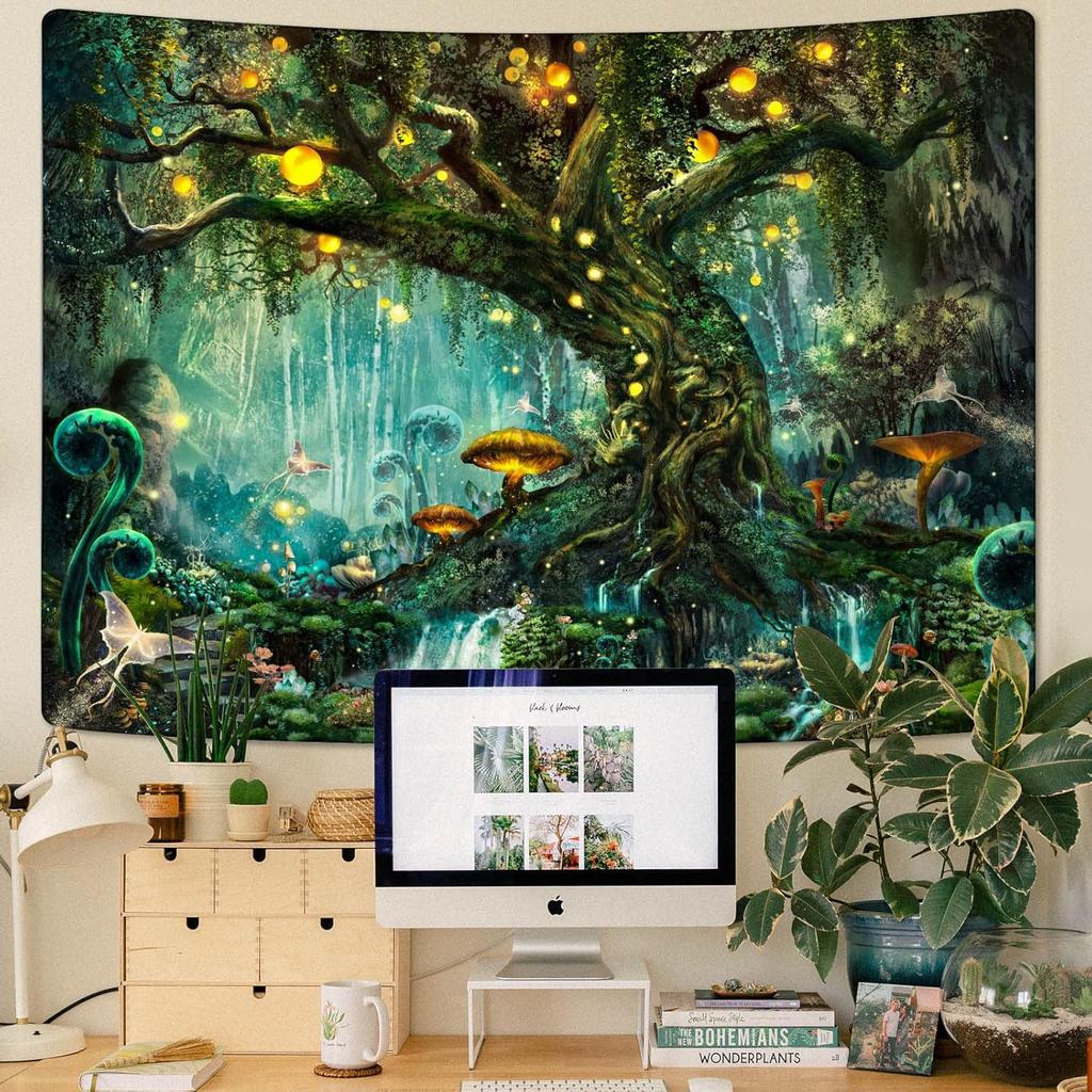 YEXIT Fairy Tales Magical Forest Tapestry, Nature Tree of Life with Elves Landscape Tapestry Wall Hanging for Living Room BedRoom Decoration Green