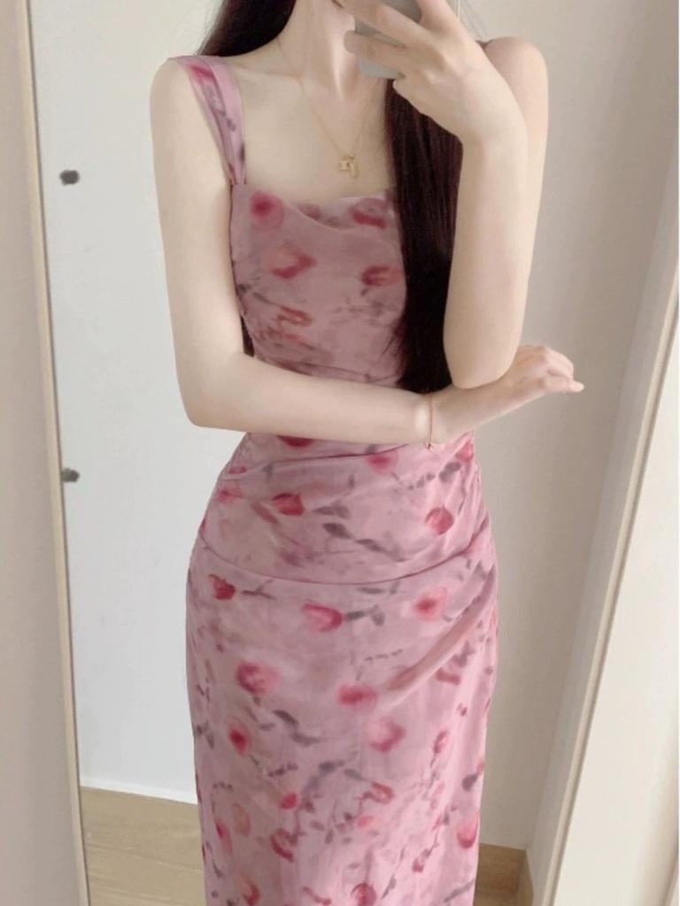 French Romantic Pink Floral Suspender Dress Women's Summer New High-end Sexy Super Figure Temperament Dress