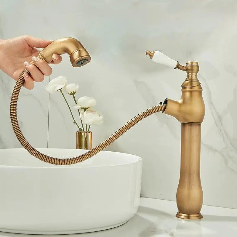 Gold Bathroom Ceramic handle Basin Faucets Pull Out Mixers Sink Faucet Washbasin Taps Water Tap Tapware Crane Brass Material