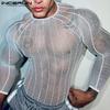 INCERUN Men Long Sleeve Mesh See Through Skinny T-shirts Partywear Clubwear