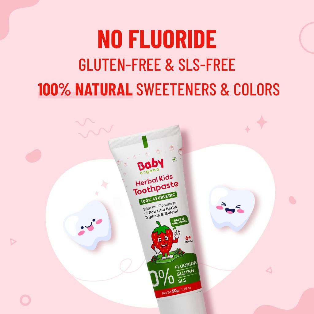 BabyOrgano Ayurvedic Baby Toothpaste Natural Strawberry Flavour Kids Dental Care Protects Gums Cavity Defense 50g Pack of 2