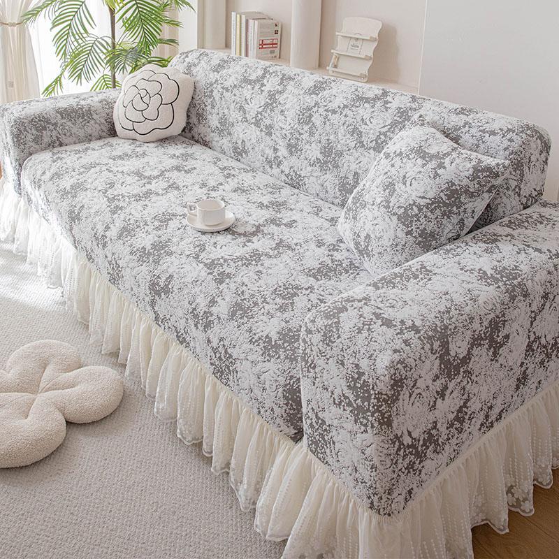 French Jacquard Elastic Sofa Cover With Skirt Hem All-Cover Anti Cat Scratch Couch Slipcover Elegant Rose Furniture Protector