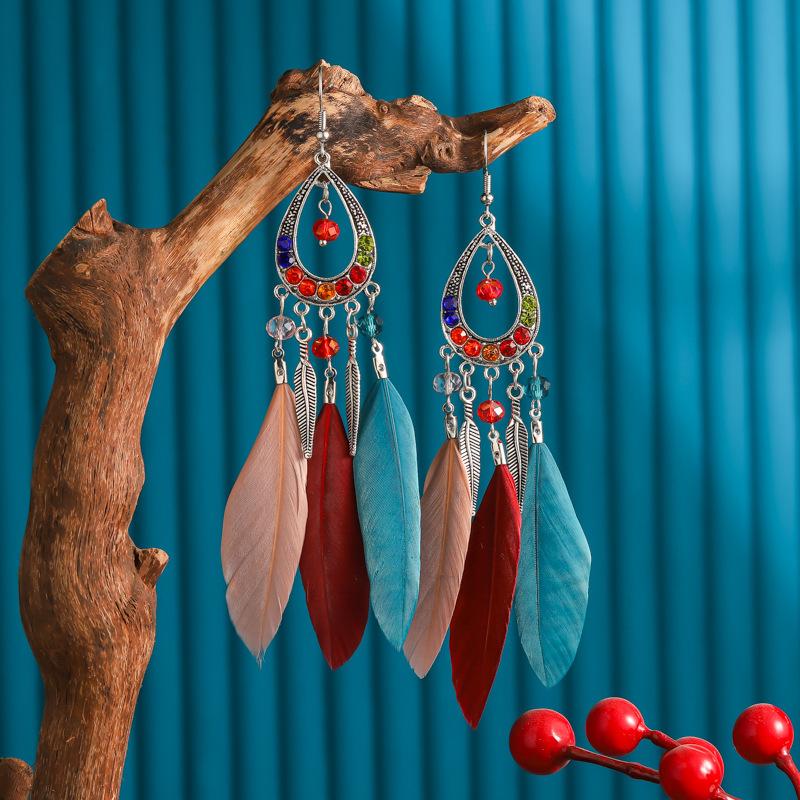 Bohemian Women Handmade Earrings For Female Colorful Long Feather Crystal Drop Tassel Dangle Earring Ladies Boho Jewelry Gift