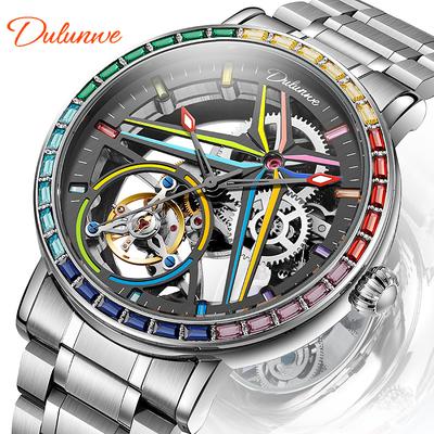 Rainbow Colored Gemstone Tourbillon Fashion Skeleton Watch Men Waterproof 30M Sports Watches Luxury Automatic Mechanical Wristwatch