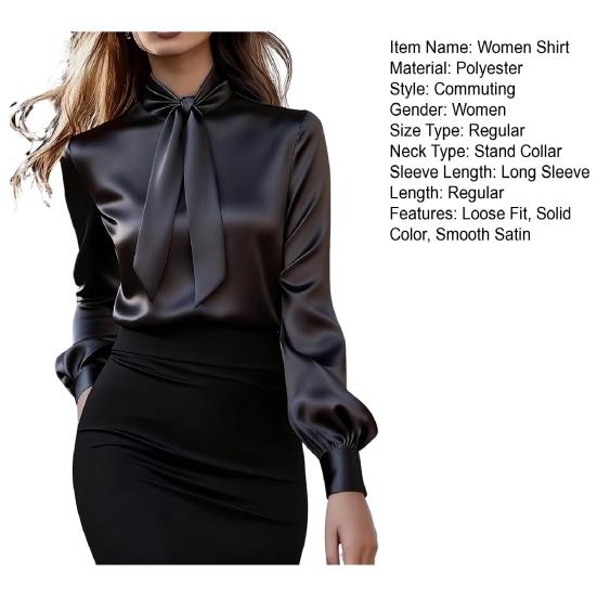 Women Shirt Stand Collar Lace-up Long Sleeve Satin Texture Shirt Solid Color Regular Fit Office Lady Shirt Spring Autumn Casual Tops