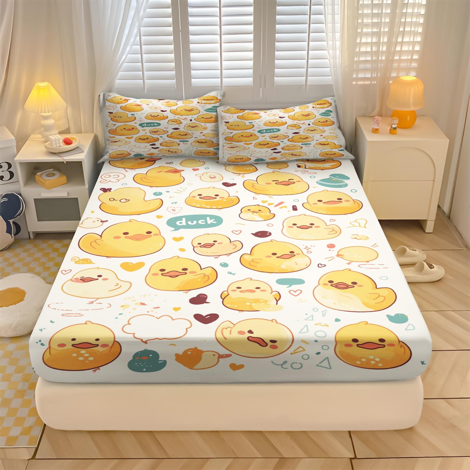 

Yellow Duck Printed Fitted Sheet Bedding Set With Pillowcase Suitable For Children And Adults Comforte 2/3Pc 90X190X25CM