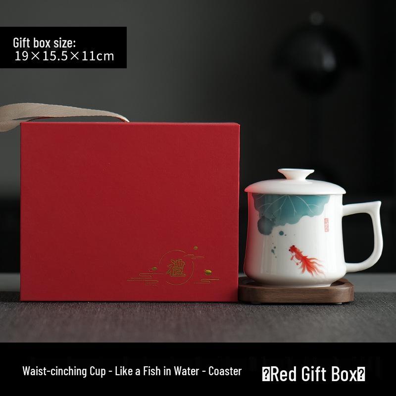 Jade Conference Sheep Fat Porcelain Tea Cup with Lid – White Ceramic Mug for Home and Office, Ideal Gift