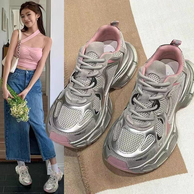 Thick-soled heightening dad shoes women's spring new silver breathable versatile lightweight sports and leisure shoes