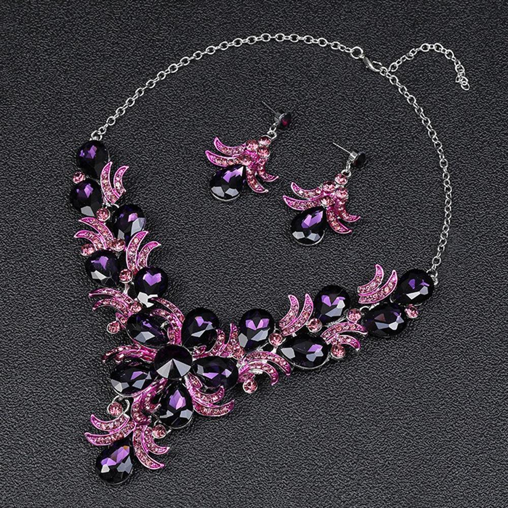 3pcs Luxurious High-end Purple Zircon Inlaid Alloy Necklace Earrings Set for Women's Elegant and Dignified Party Accessories