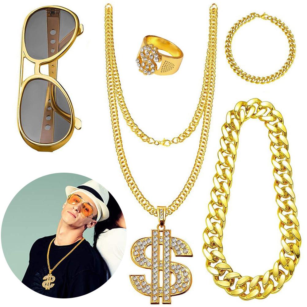 80s 90s Costume Outfit Set Hip-Hop Punk Big Gold Chain Dollar Ring Rock Star Glasses Bracelet Hip Hop Cosplay Dress Costumes Kit