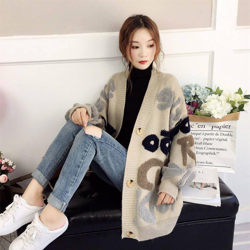 

Knitting Cardigan Female Fall and Winter Loose and Lazy Style Fleece-lined Thickened High School Junior High School Student Teens Tops Sweater Outwear Beige Letters XL
