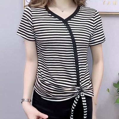 Striped V-neck T-shirt Korean Summer Style Slanted Button Irregular Hem Fashionable Shirt Slim Drawstring Top for Women