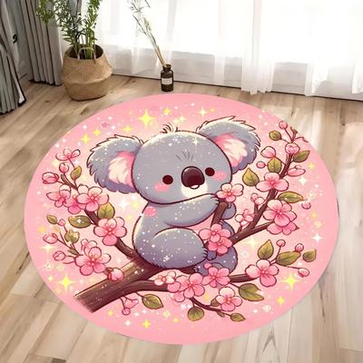 1 Stück runder Teppich mit grauem Koala-Motiv auf rosa Kirschblütenzweigen, rutschfeste Bodenmatte für Kinderzimmer.