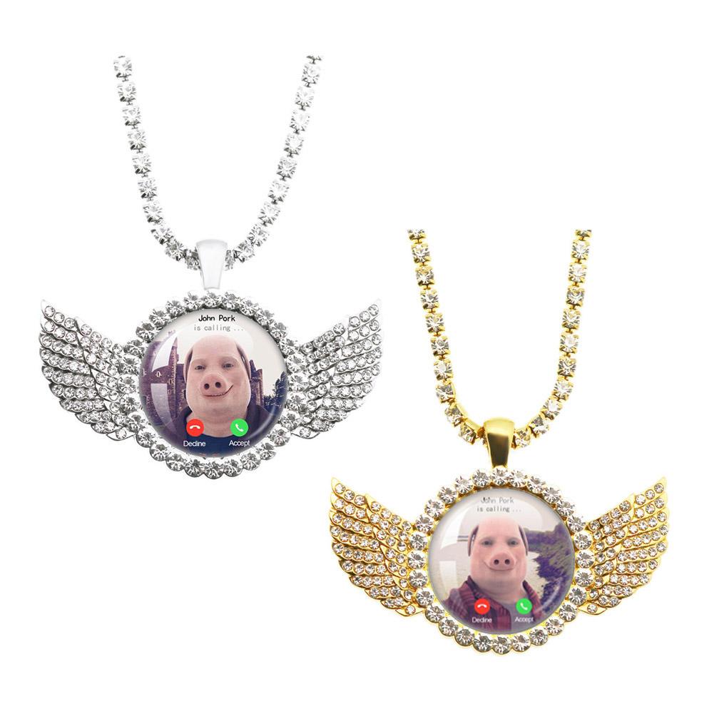 For John Pork Is Calling Funny Pig Necklace Lover Graphic The Moon Answer Call Phone Humor Angel Wings Pendant Necklace Jewelry