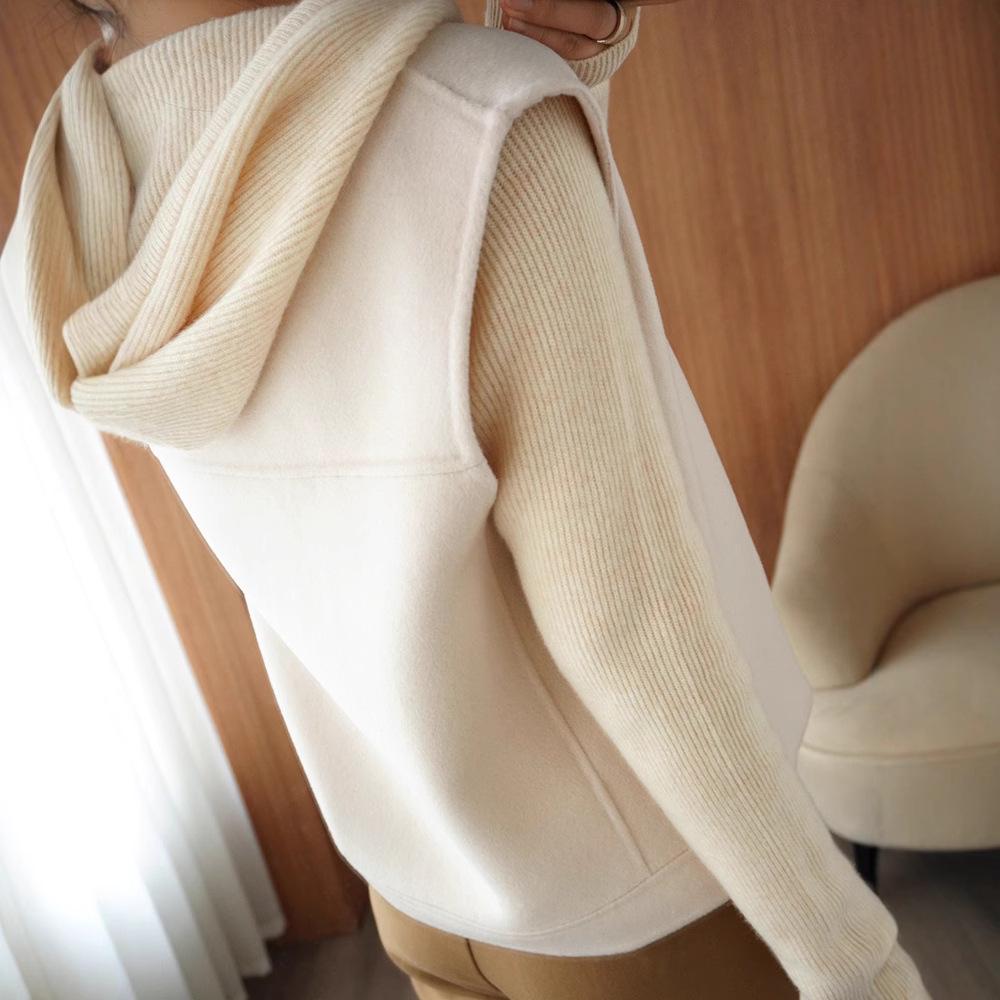Women's Wool Blend V-Neck Vest: Petite Sleeveless Cardigan with Shoulder Pads, 100% Double-Faced Wool for Autumn & Winter.