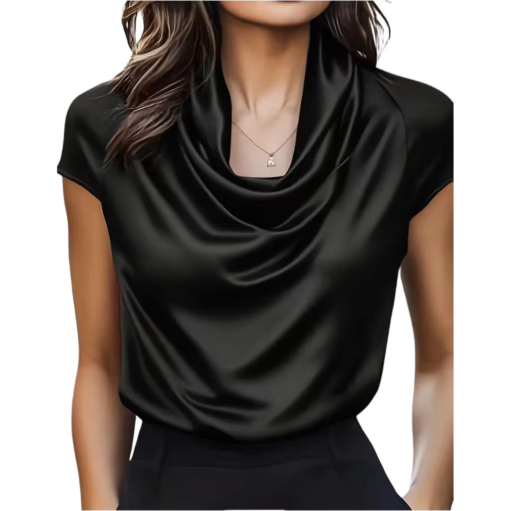 Stylish Women's Short,sleeved Top With A Draped Neckline, Casual And Versatile.