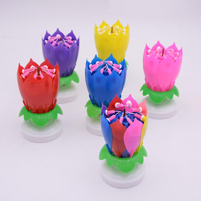 Musical Birthday Cake Candle Double Layer Lotus Flower Opening Rotating Candle For Birthday Cakes