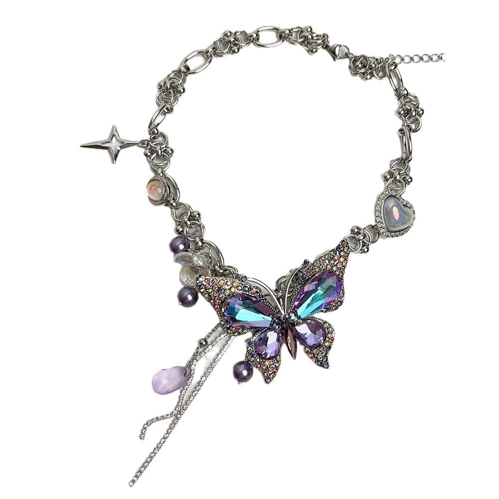 Heavy Industry Exquisite Purple Full Diamond Butterfly Love Tassel Necklace Women's Fashion Temperament Light Luxury Versatile Niche Clavicle Chain