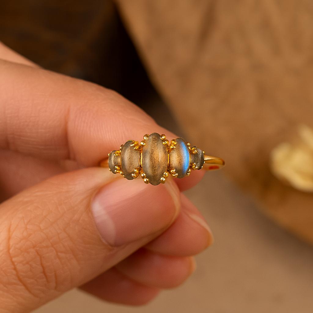 Wedding Engagement Anniversary Promise Gift – Marquise Cut Natural Labradorite Ring, Yellow Gold Plated Cluster, Handmade Leaves Design