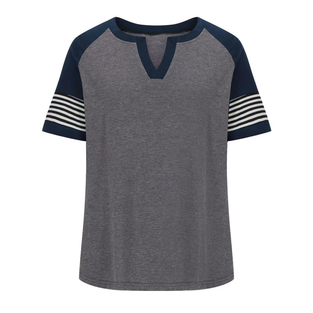 2024 Euro-America V-Neck Color Block Short Sleeve Loose Top