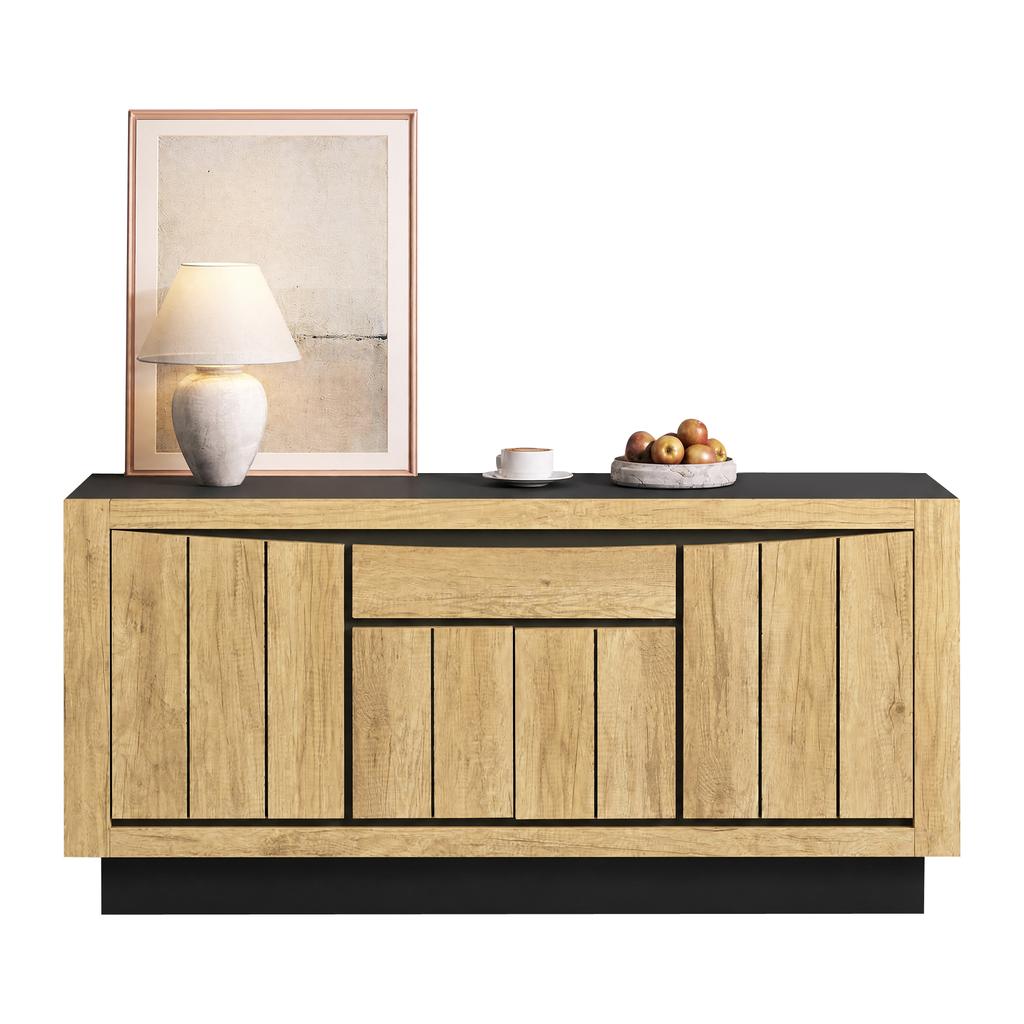 140*40*60cm Living Room Chest, Sideboard With 4 Doors, 1 Drawer, Dining Room Cabinet, Handleless Compartments, Sofa Side Cabinet, Wood Color + Black