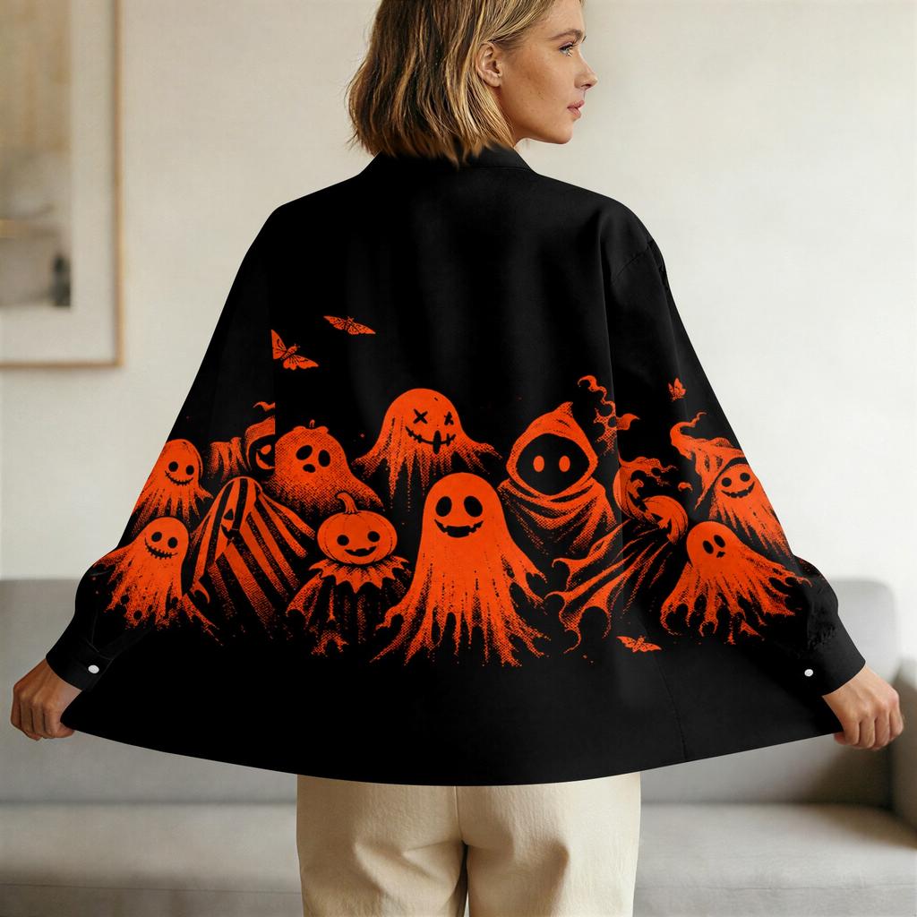 Women's Halloween Print Long Sleeve Button Down Shirt Casual Blouse