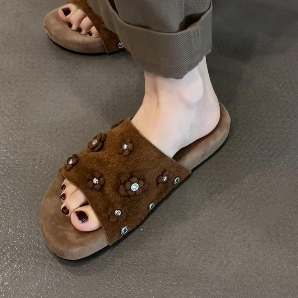 Fashion retro niche rhinestone flower matte suede one-word drag women comfortable stepping on shit cool slippers