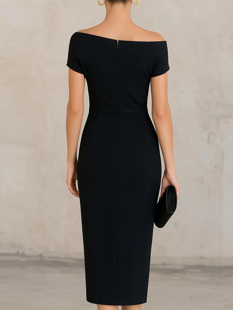 2026 European & American One-Shoulder Waist-Cinched Pleated Slit Evening Gown for Banquets & Commutes