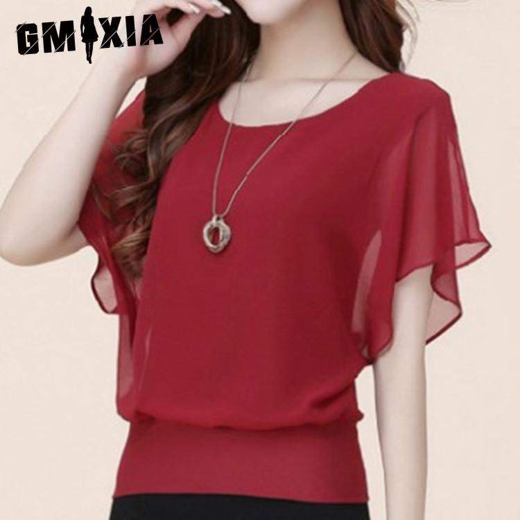 GMXIA Commuter T-shirt Ruffled Short-sleeved Chiffon Blouse for Women Shirt