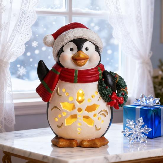 Lighted Christmas Decoration Vintage Resin Snowman/Santa/Penguin Figurine with LED Light for Holiday Winter Table Centerpiece