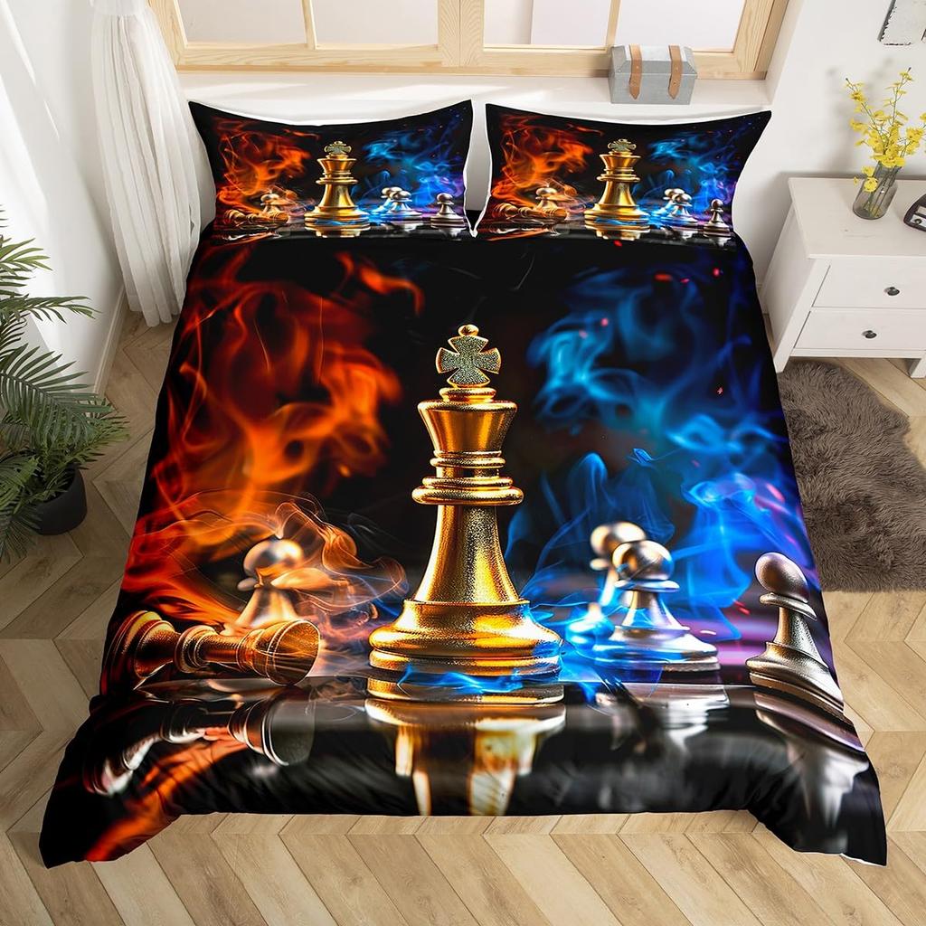 International Chess Duvet Cover for Teens Adults Queen Size Lightweight Down Room Decor 2 Pillowcases 1 Comforter Cover No Quilt