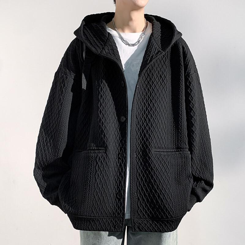 2025 Весна свободные толстовки с капюшоном Мужская мода с капюшоном пальто однотонные повседневные однобортные куртки мужской кардиган с капюшоном больших размеров M чёрный