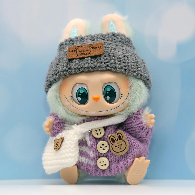 Labubu Doll Outfit Set: Knit Sweater, Hat, Button Charm, Small Bag, Vinyl Doll Clothes Replacement