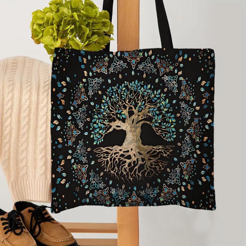 1PC Tree Of Life Tarot Tote Shoulder Bag Moon Phase Plants Bags Storage Handle Shopping Bag Portable Supermarket Bag Tote Bag