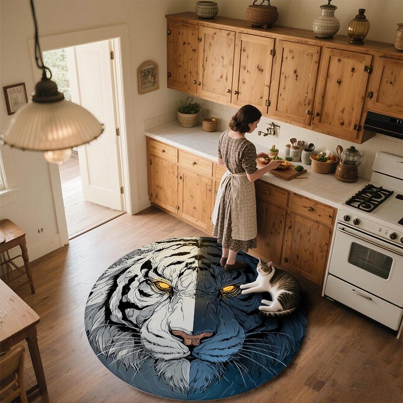 Black and White Tiger Round Area Rug,Carpet Rug for Living Room Bedroom Sofa Playroom Decor,Non-slip Floor Mat