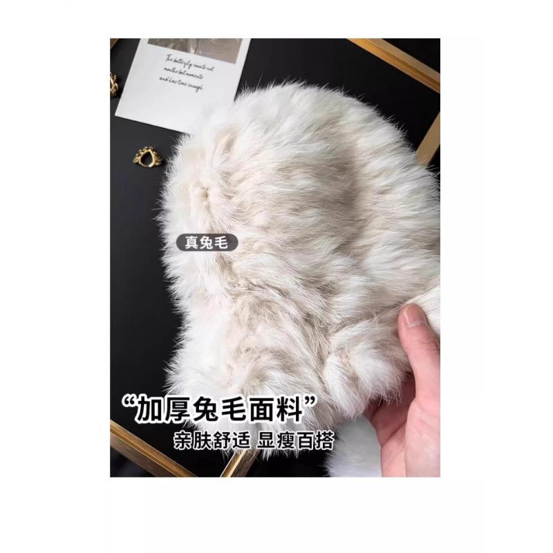 Women S Winter Warm Fluffy Rabbit Fur Blend Knit Bucket Hat