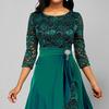 2 Pcs/Set Women Prom Dress Skirt Set Hollow Out Lace Ruffle Hem High Waist Round Neck Three Quarter Sleeve Ankle Length Banquet Maxi Dress
