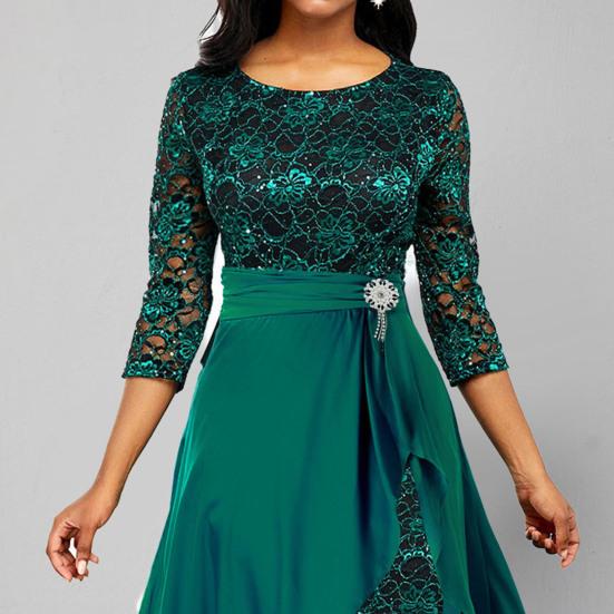 2 Pcs/Set Women Prom Dress Skirt Set Hollow Out Lace Ruffle Hem High Waist Round Neck Three Quarter Sleeve Ankle Length Banquet Maxi Dress