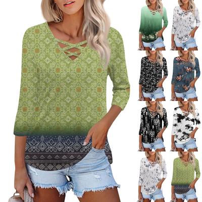 Women's Fashion Loose Cross V-Neck Seven Sleeve T-Shirt Vintage Floral Print Casual Top