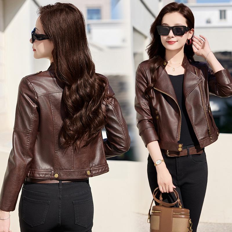 

Женская приталенная куртка из искусственной кожи на весну/осень 2025: Короткое, Модное, Повседневное Пальто (WA2502) XL (115-125 jin)